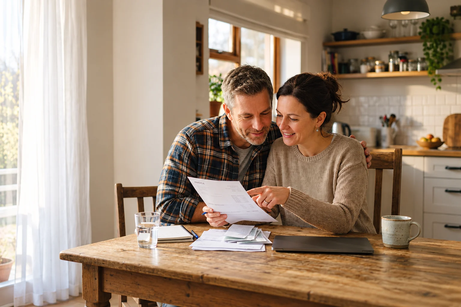 Un couple consulte ses factures à la table de la cuisine