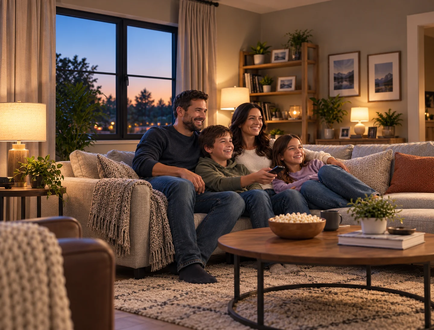 Une famille regarde la télévision dans le salon