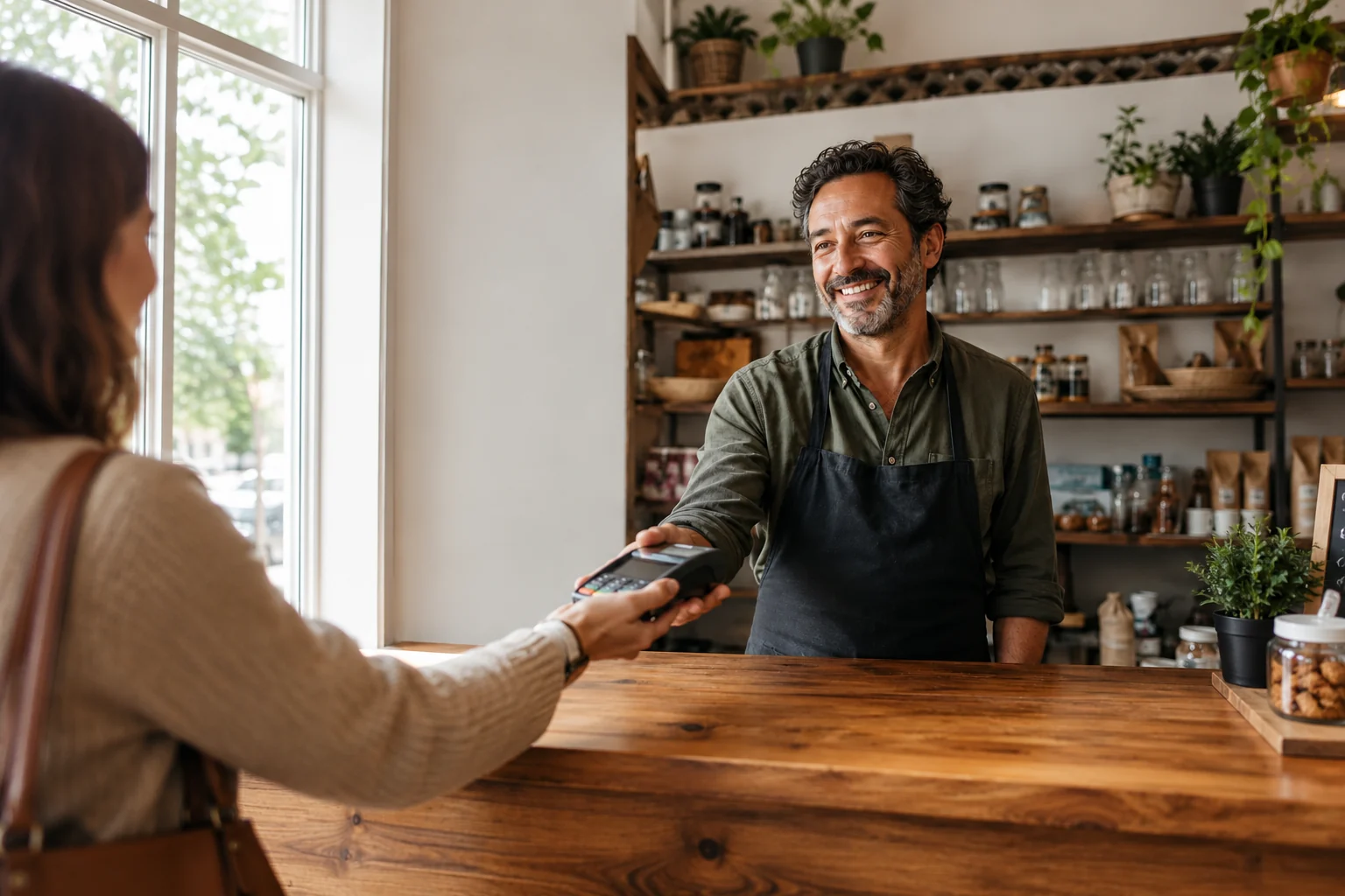 Un commerçant tend un terminal de paiement à un client
