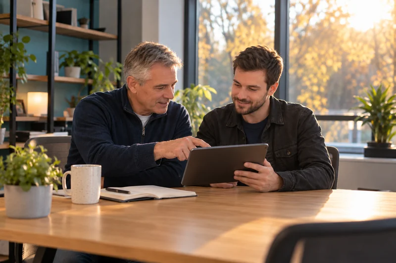 Un mentor accompagne un nouveau partenaire sur une tablette
